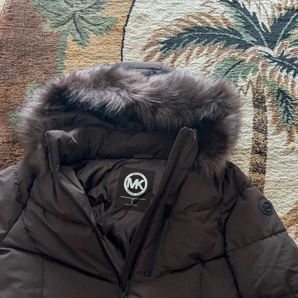 Michael Kors Chocolate Winter Puffer Coat MK Jacket Fur Hood Size S M L XL NWT - Picture 3 of 12